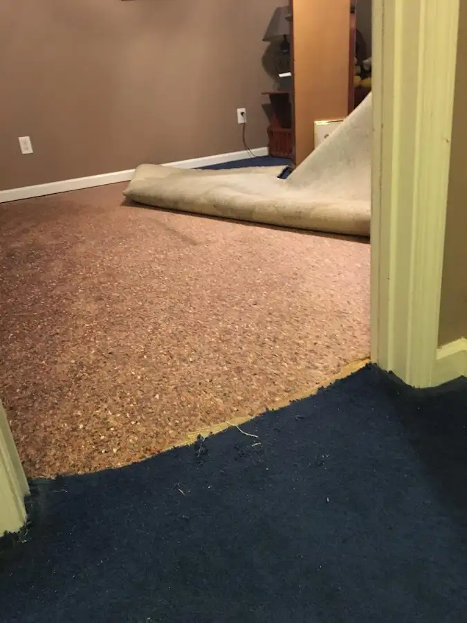 Carpet pad removal revealing water damage during Water Mitigation Services in Raytown